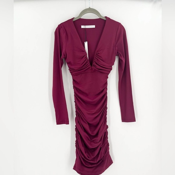 SUSANA MONACO Deep V Ruched Mini Dress Raspberry Red Long Sleeve Fitted Bodycon - Picture 9 of 9